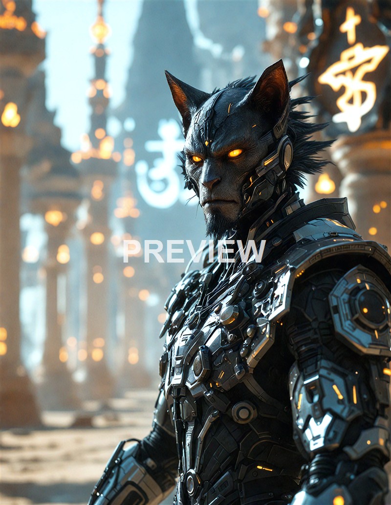 A highly detailed, futuristic anthropomorphic cat character with glowing yellow eyes, wearing advanced cybernetic armor, set against a background of glowing symbols and a sci-fi cityscape.